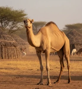A dromedary camel standing clearly in a dry sandy area.